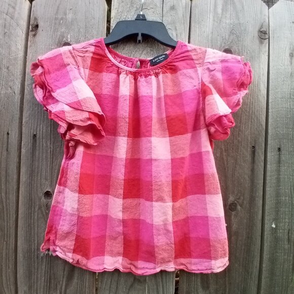 KATE SPADE NEW YORK TOP WOMENS SZ XS RED PLAID PULLOVER RUFFLE SHORT SLEEVE